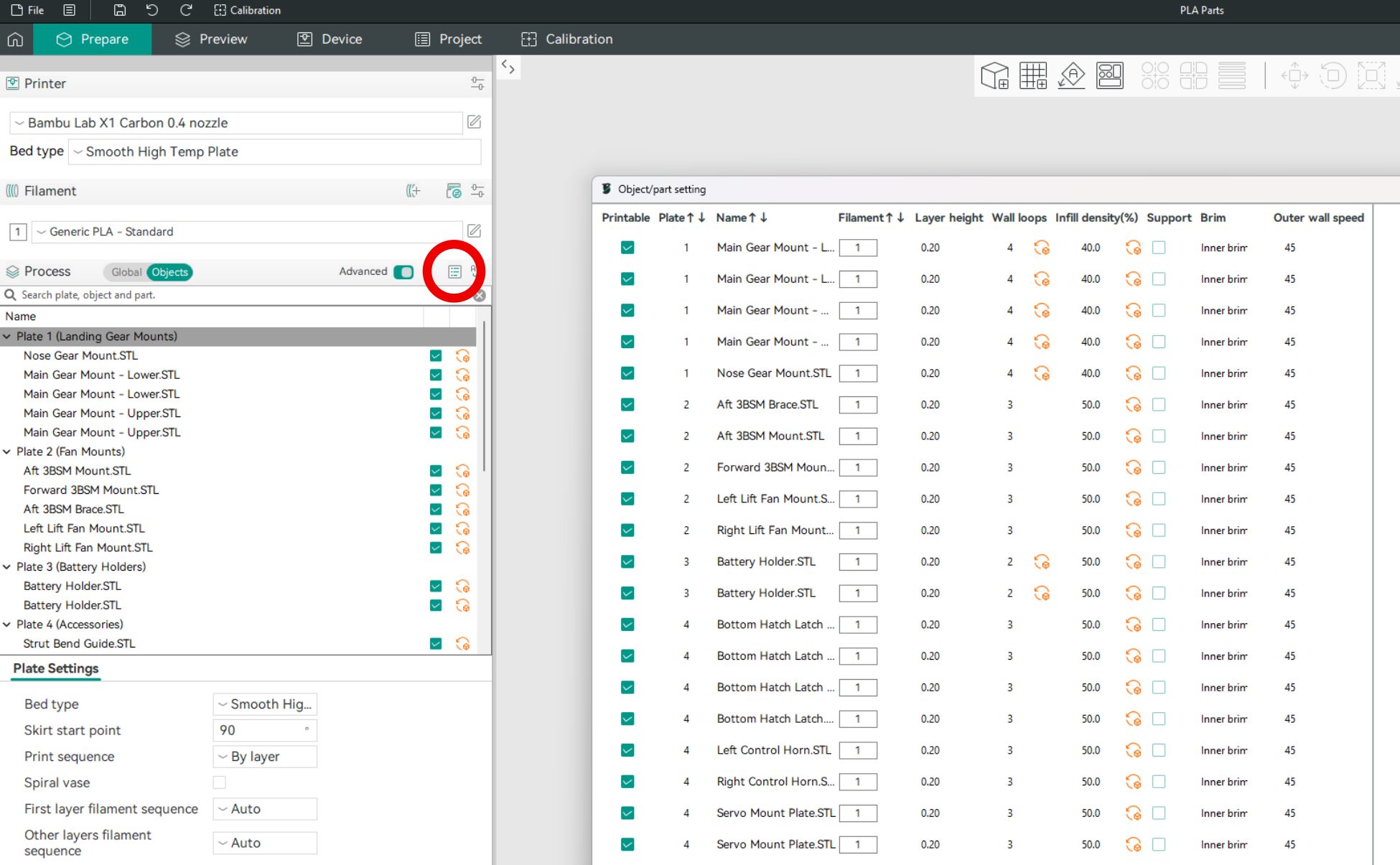 OrcaSlicer object/part settings, with the "View all object's settings" button highlighted