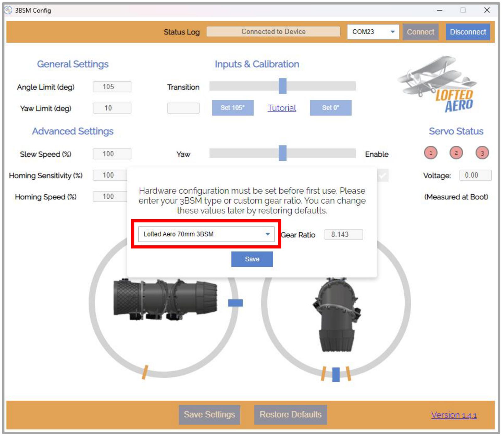 Selecting the 70mm 3BSM defaults in the config app